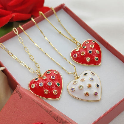 Dainty Handmade Red & White Enamel Heart Necklace with CZ Inlay 18K Gold Plated Love Pendant – Selling Per Piece