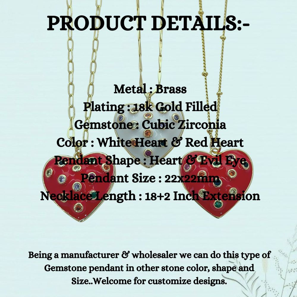 Dainty Handmade Red & White Enamel Heart Necklace with CZ Inlay 18K Gold Plated Love Pendant – Selling Per Piece