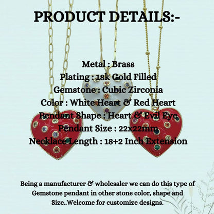 Dainty Handmade Red & White Enamel Heart Necklace with CZ Inlay 18K Gold Plated Love Pendant – Selling Per Piece