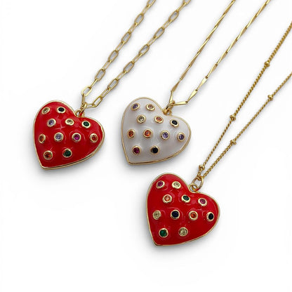 Dainty Handmade Red & White Enamel Heart Necklace with CZ Inlay 18K Gold Plated Love Pendant – Selling Per Piece
