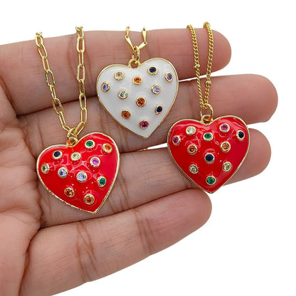 Dainty Handmade Red & White Enamel Heart Necklace with CZ Inlay 18K Gold Plated Love Pendant – Selling Per Piece
