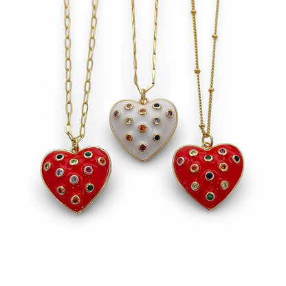 Dainty Handmade Red & White Enamel Heart Necklace with CZ Inlay 18K Gold Plated Love Pendant – Selling Per Piece