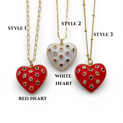 Dainty Handmade Red & White Enamel Heart Necklace with CZ Inlay 18K Gold Plated Love Pendant – Selling Per Piece