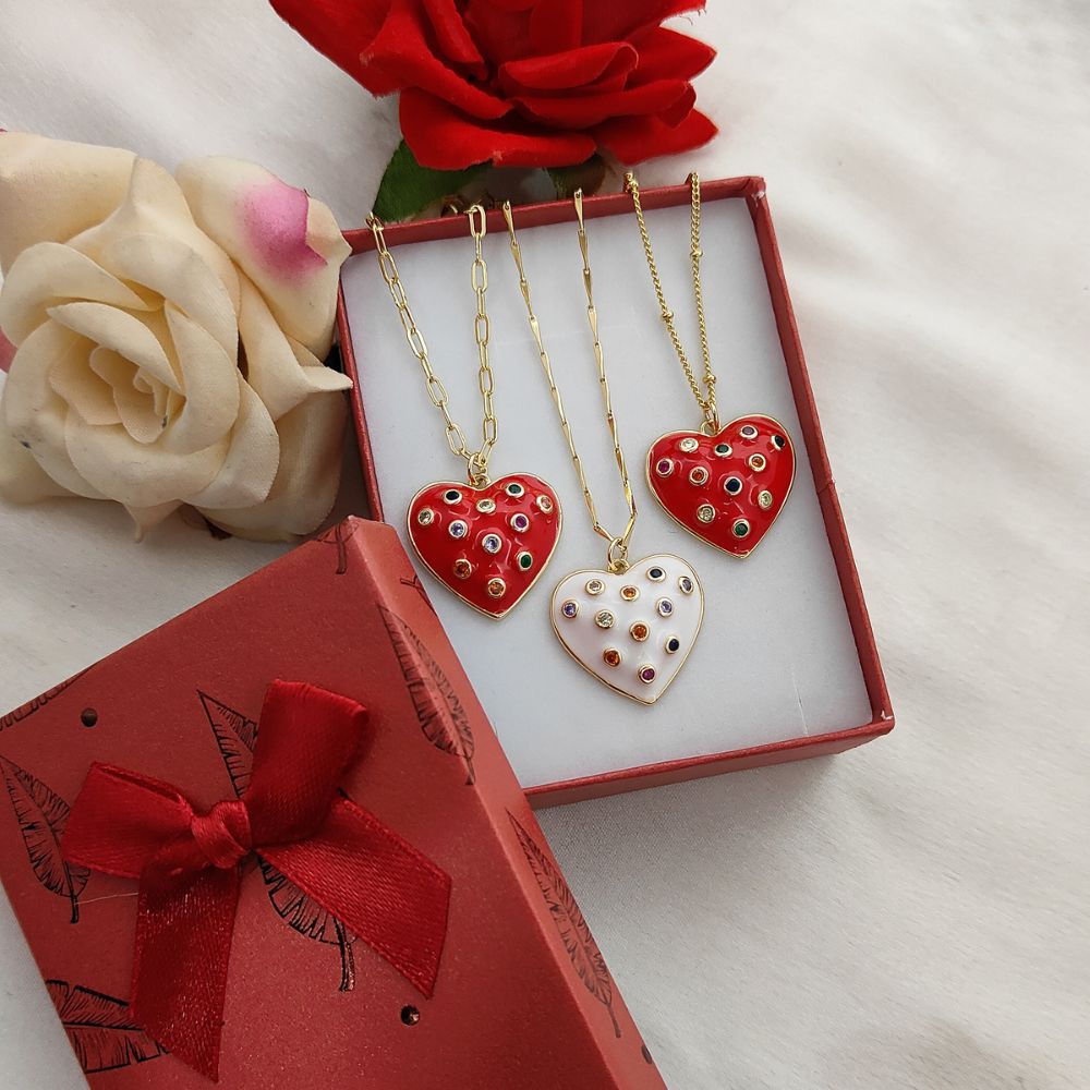 Dainty Handmade Red & White Enamel Heart Necklace with CZ Inlay 18K Gold Plated Love Pendant – Selling Per Piece