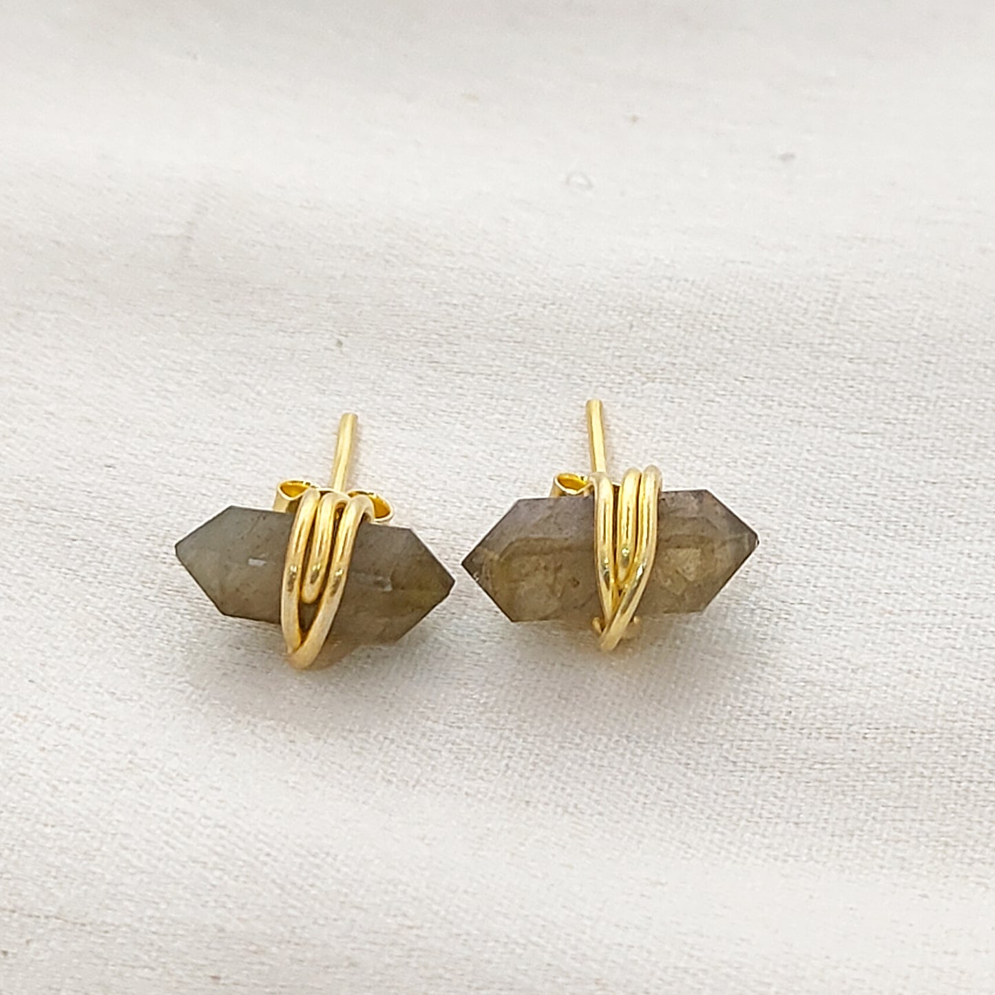 Dainty Labradorite Stud Earrings, Handmade 12x5mm Gold Vermeil Gemstone Jewelry – Selling Per Piece
