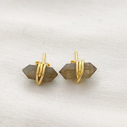 Dainty Labradorite Stud Earrings, Handmade 12x5mm Gold Vermeil Gemstone Jewelry – Selling Per Piece