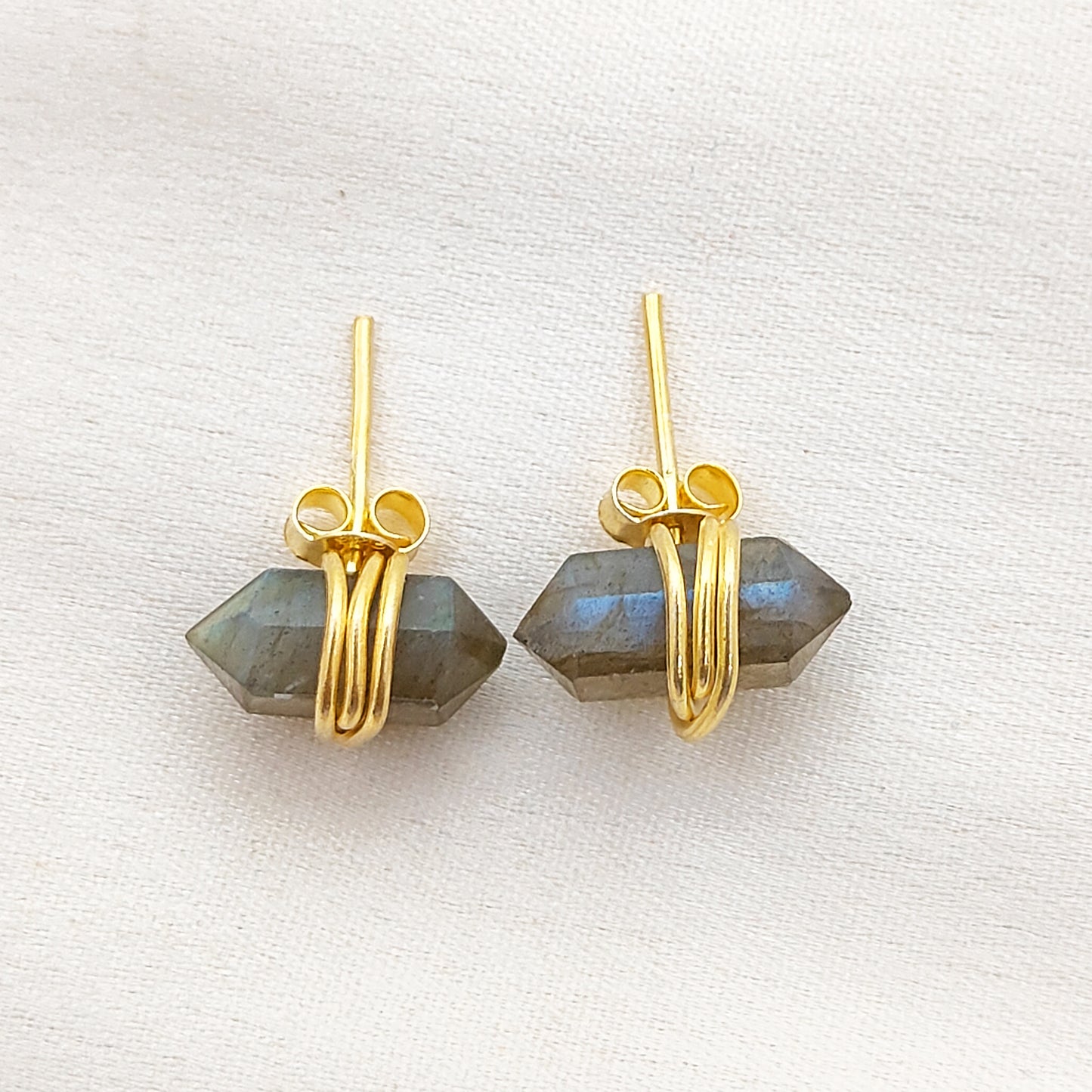 Dainty Labradorite Stud Earrings, Handmade 12x5mm Gold Vermeil Gemstone Jewelry – Selling Per Piece