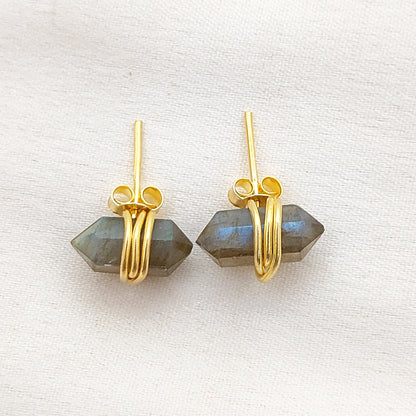 Dainty Labradorite Stud Earrings, Handmade 12x5mm Gold Vermeil Gemstone Jewelry – Selling Per Piece