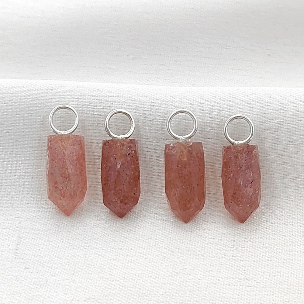Dainty Pink Strawberry Quartz Charm 14x6mm Gold Plated 925 Silver Petite Spike Pendant – Selling Per Piece
