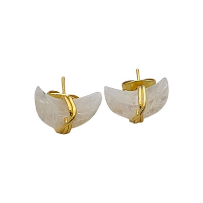 Dainty Rainbow Moonstone Half Moon Earrings Gold Plated Sterling Silver Studs- Selling Per Piece