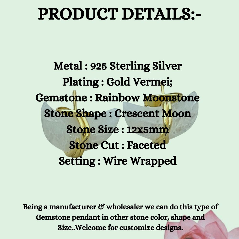 Dainty Rainbow Moonstone Half Moon Earrings Gold Plated Sterling Silver Studs- Selling Per Piece