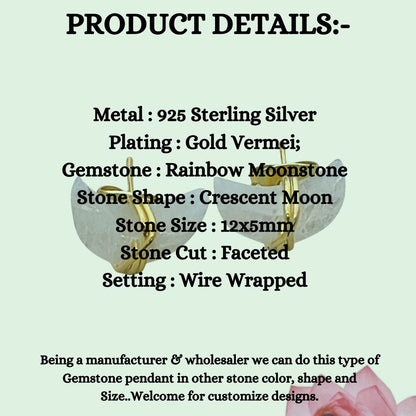 Dainty Rainbow Moonstone Half Moon Earrings Gold Plated Sterling Silver Studs- Selling Per Piece