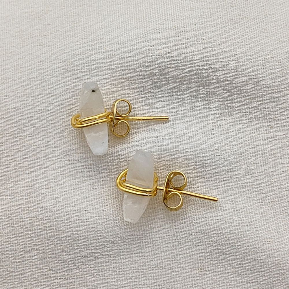 Dainty Rainbow Moonstone Half Moon Earrings Gold Plated Sterling Silver Studs- Selling Per Piece