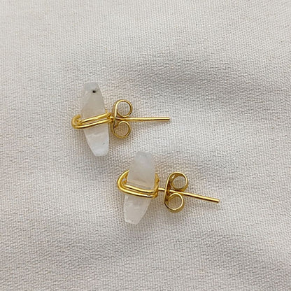 Dainty Rainbow Moonstone Half Moon Earrings Gold Plated Sterling Silver Studs- Selling Per Piece