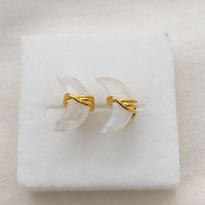 Dainty Rainbow Moonstone Half Moon Earrings Gold Plated Sterling Silver Studs- Selling Per Piece