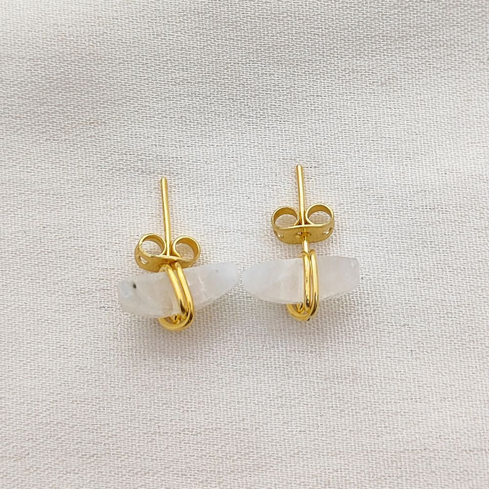 Dainty Rainbow Moonstone Half Moon Earrings Gold Plated Sterling Silver Studs- Selling Per Piece