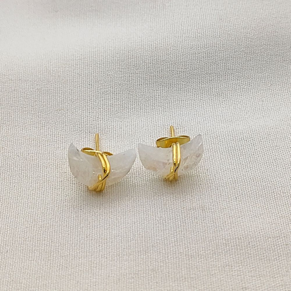 Dainty Rainbow Moonstone Half Moon Earrings Gold Plated Sterling Silver Studs- Selling Per Piece