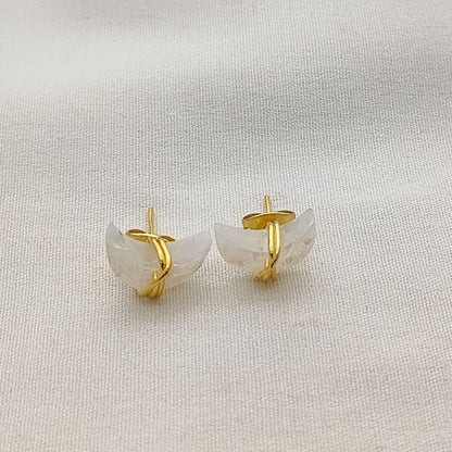 Dainty Rainbow Moonstone Half Moon Earrings Gold Plated Sterling Silver Studs- Selling Per Piece