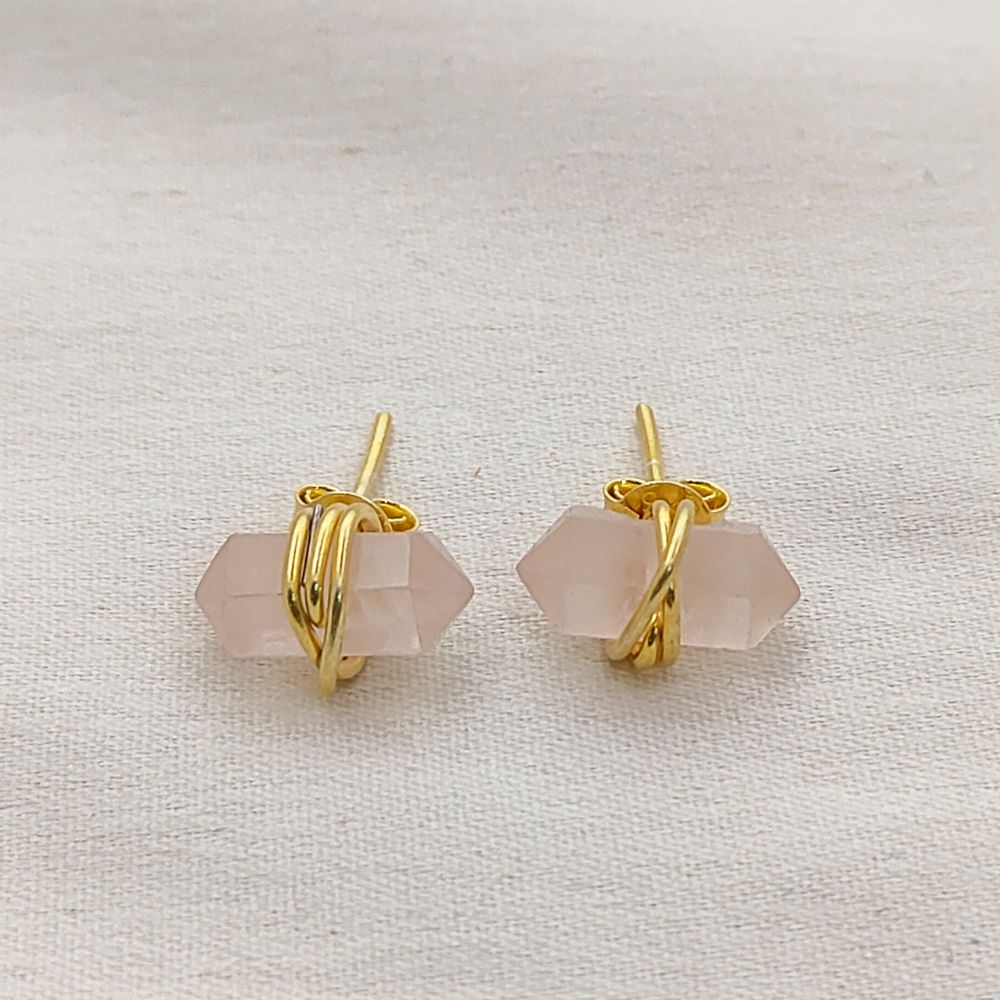 Dainty Rose Quartz Stud Earrings 12x5mm Double Point Crystal Handmade Gold Vermeil Gemstone Jewelry- Selling Per Pair