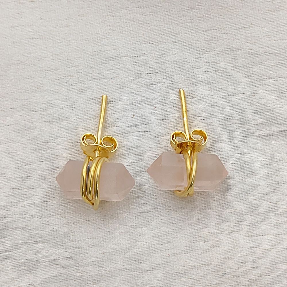 Dainty Rose Quartz Stud Earrings 12x5mm Double Point Crystal Handmade Gold Vermeil Gemstone Jewelry- Selling Per Pair