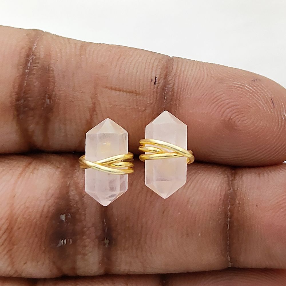 Dainty Rose Quartz Stud Earrings 12x5mm Double Point Crystal Handmade Gold Vermeil Gemstone Jewelry- Selling Per Pair