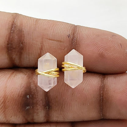 Dainty Rose Quartz Stud Earrings 12x5mm Double Point Crystal Handmade Gold Vermeil Gemstone Jewelry- Selling Per Pair
