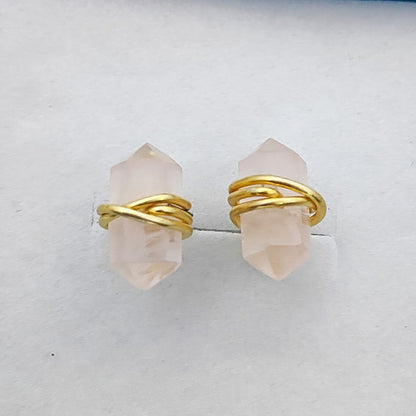 Dainty Rose Quartz Stud Earrings 12x5mm Double Point Crystal Handmade Gold Vermeil Gemstone Jewelry- Selling Per Pair