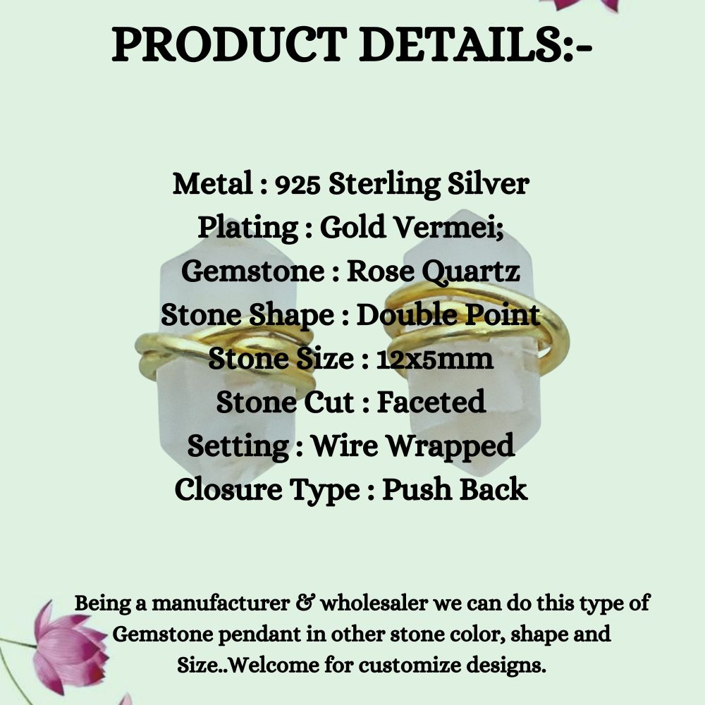 Dainty Rose Quartz Stud Earrings 12x5mm Double Point Crystal Handmade Gold Vermeil Gemstone Jewelry- Selling Per Pair