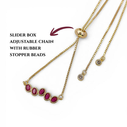 Dainty Ruby Gemstone Bar Necklace in 18K Gold Anti Tarnish, July Birthstone Adjustable Slider Necklace – Selling By Necklace