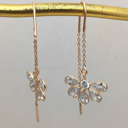 Dainty Rose Gold Threader Earrings Pear CZ Drop Sterling Silver Minimalist Handmade Gift
