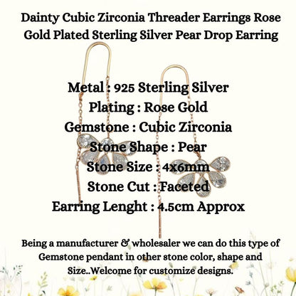 Handmade Threader Earrings CZ Pear Drop Rose Gold over Sterling Silver Delicate Minimalist Jewelry