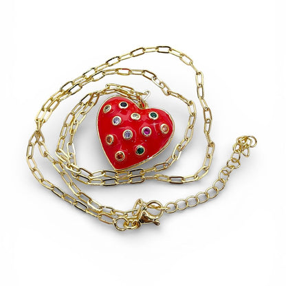 Dainty Handmade Red & White Enamel Heart Necklace with CZ Inlay 18K Gold Plated Love Pendant – Selling Per Piece