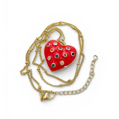 Dainty Handmade Red & White Enamel Heart Necklace with CZ Inlay 18K Gold Plated Love Pendant – Selling Per Piece