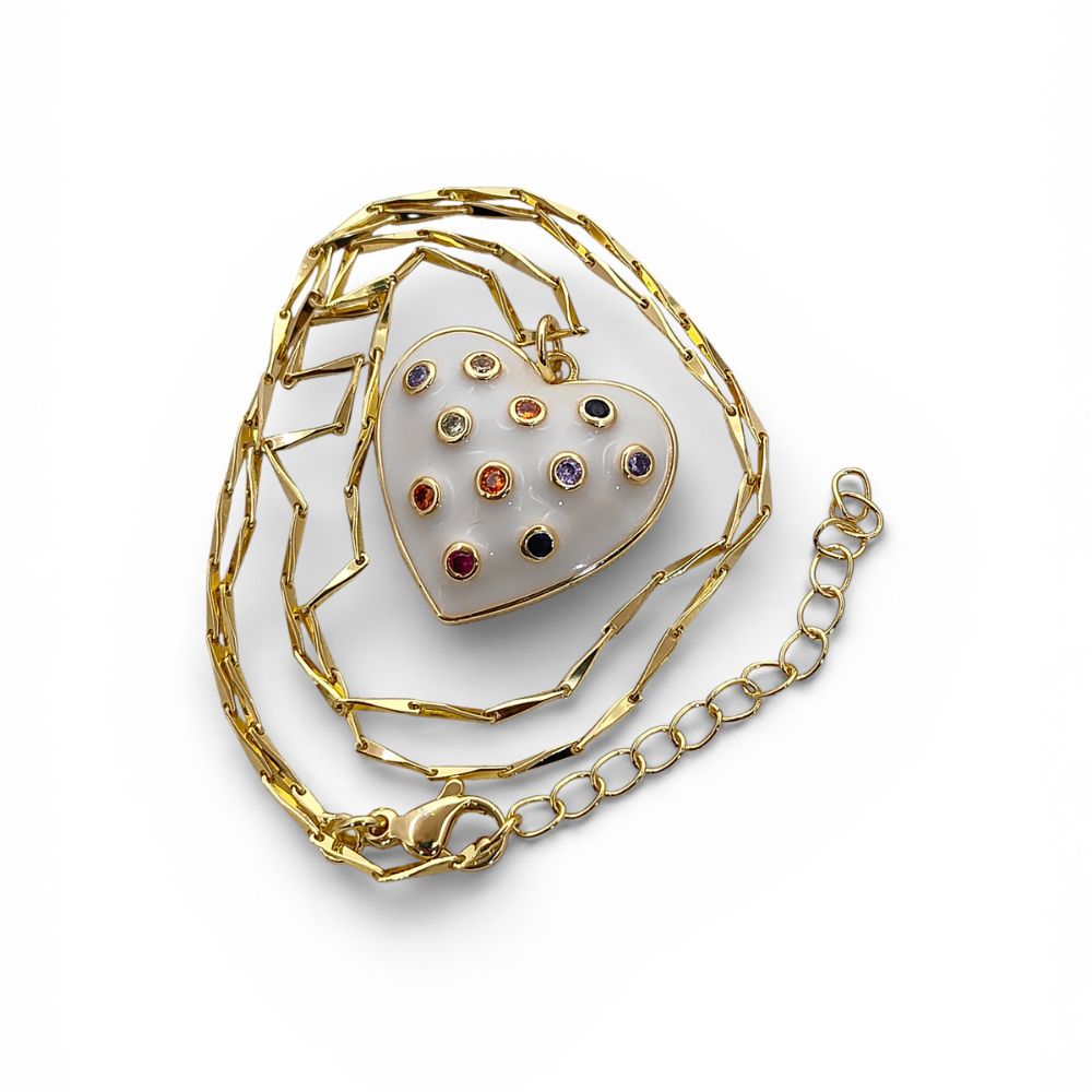 Dainty Handmade Red & White Enamel Heart Necklace with CZ Inlay 18K Gold Plated Love Pendant – Selling Per Piece