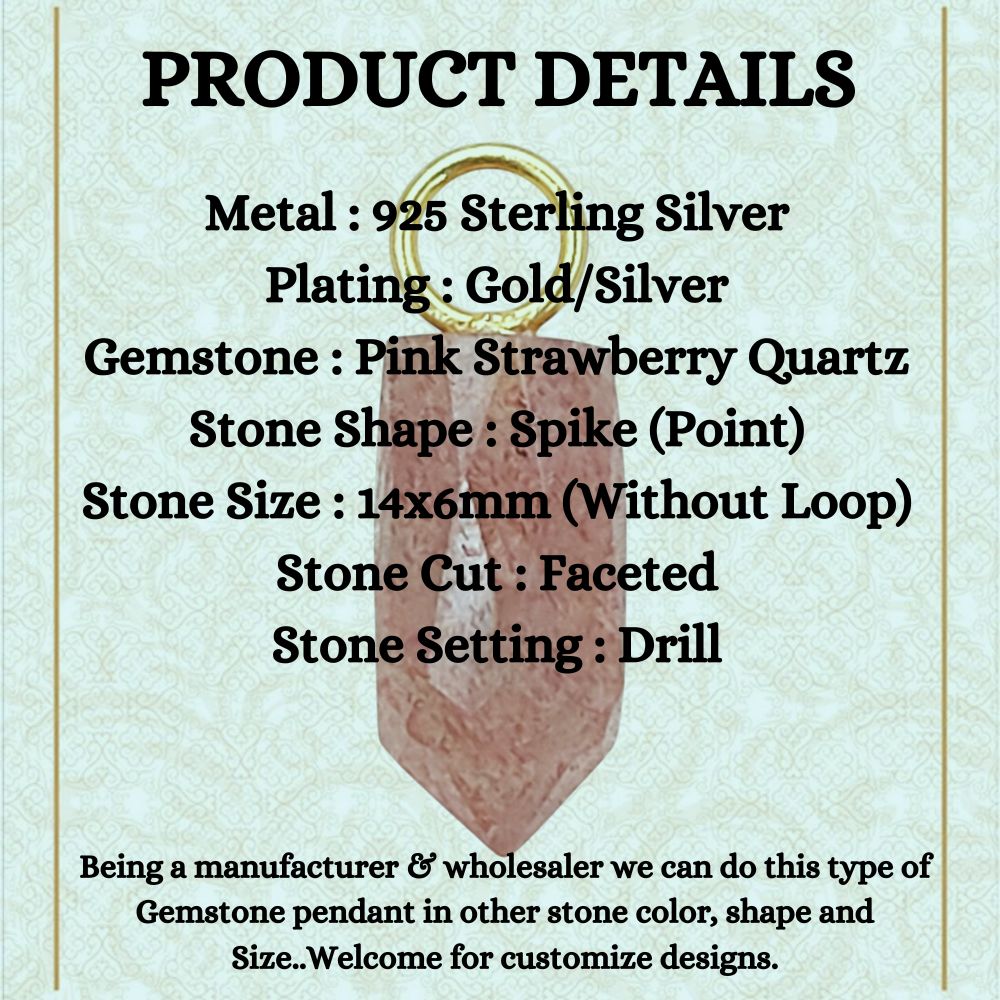 Dainty Pink Strawberry Quartz Charm 14x6mm Gold Plated 925 Silver Petite Spike Pendant – Selling Per Piece