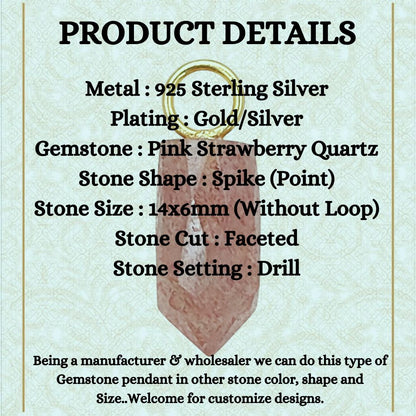Dainty Pink Strawberry Quartz Charm 14x6mm Gold Plated 925 Silver Petite Spike Pendant – Selling Per Piece