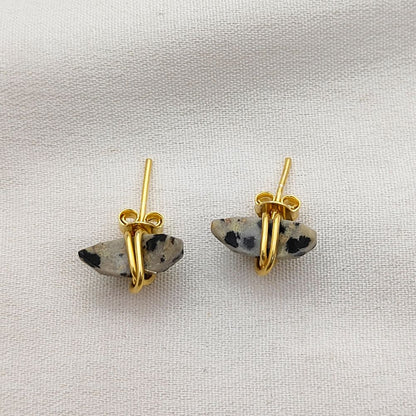 Dalmatian Jasper Half Moon Stud Earrings Handmade Gold Plated Sterling Silver Minimalist Gemstone Jewelry- Selling Per Piece