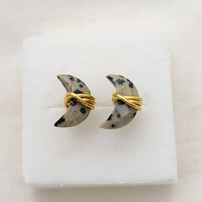 Dalmatian Jasper Half Moon Stud Earrings Handmade Gold Plated Sterling Silver Minimalist Gemstone Jewelry- Selling Per Piece