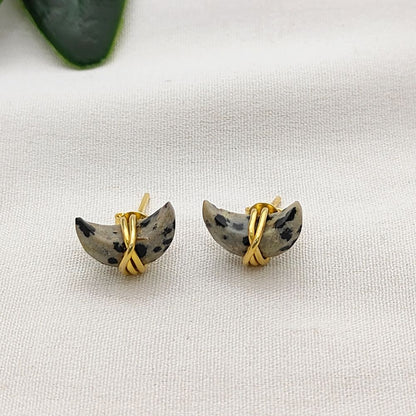 Dalmatian Jasper Half Moon Stud Earrings Handmade Gold Plated Sterling Silver Minimalist Gemstone Jewelry- Selling Per Piece