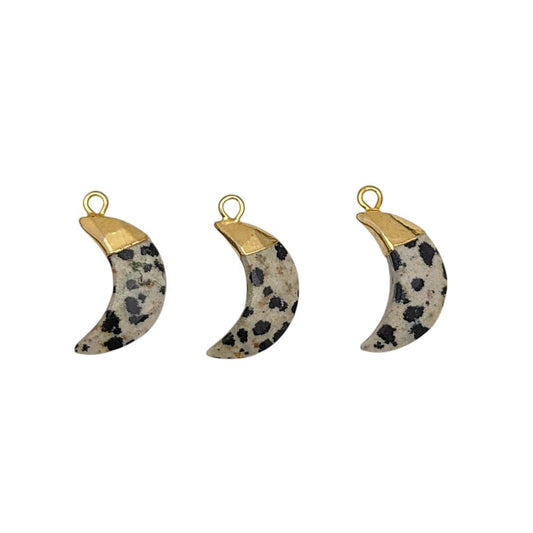Gold Electroplated Dalmatian Jasper Half Moon Pendant – Gemstone Charm for Handmade Jewelry