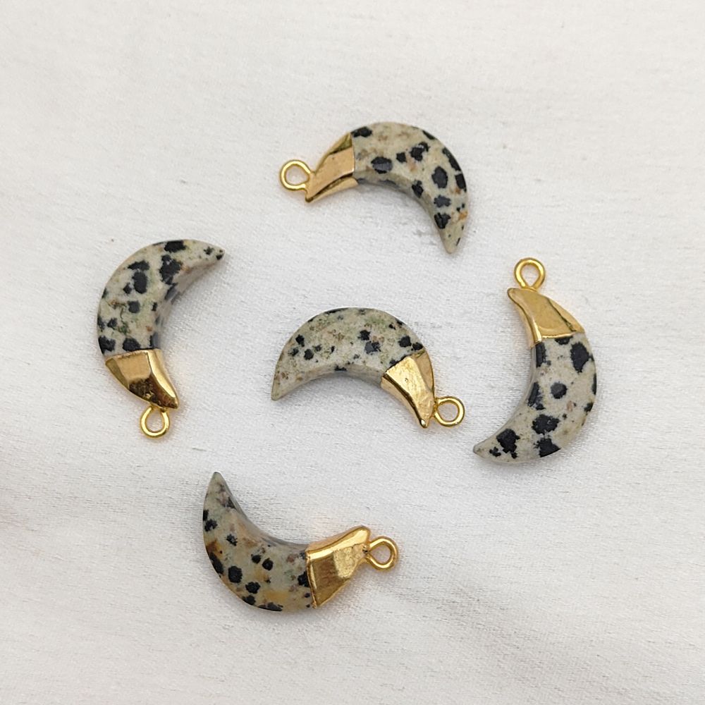 Dalmatian Jasper Half Moon Gemstone Pendant – Gold Electroplated Charm for Artisan Jewelry