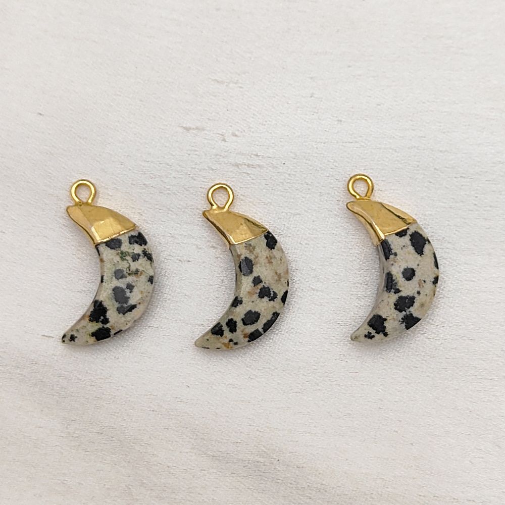 Handmade Jewelry Supplies – Dalmatian Jasper Half Moon Pendant with Gold Electroplated Cap