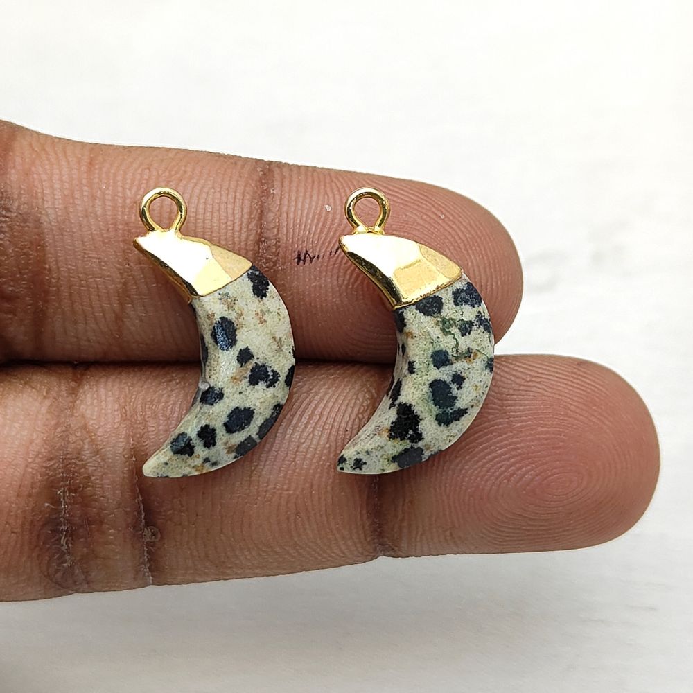 Dalmatian Jasper Half Moon Charm – Gold Electroplated Gemstone Pendant for Jewelry Making