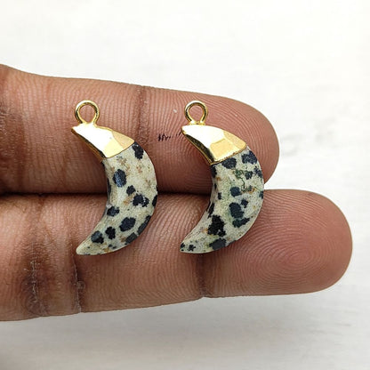 Dalmatian Jasper Half Moon Charm – Gold Electroplated Gemstone Pendant for Jewelry Making