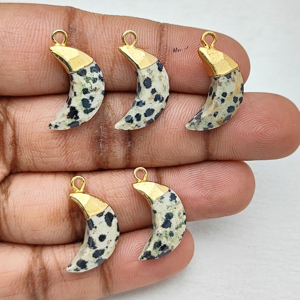 Gold Electroplated Dalmatian Jasper Half Moon Charm – Unique Pendant for Handmade Jewelry Creations