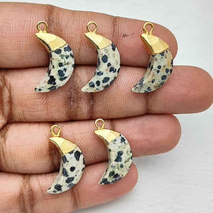 Gold Electroplated Dalmatian Jasper Half Moon Charm – Unique Pendant for Handmade Jewelry Creations