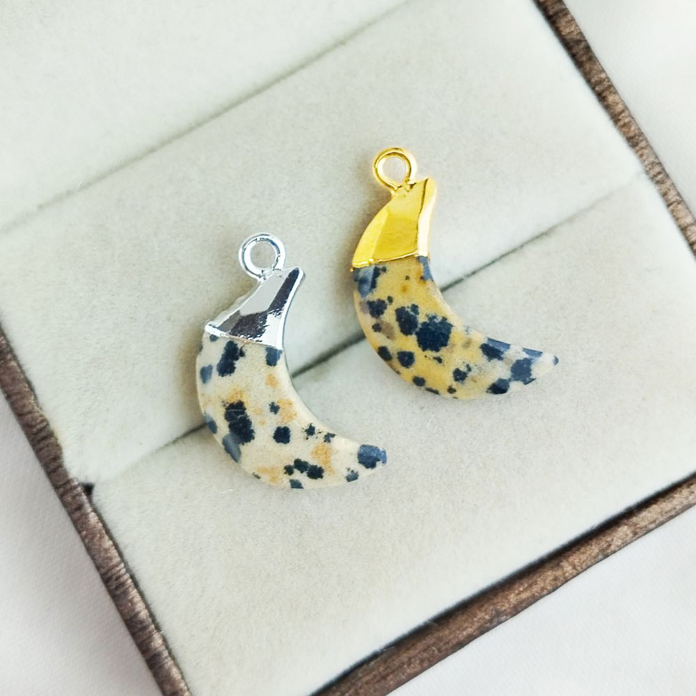 Dalmatian Jasper Half Moon Charm Gold/Silver Electroplated Gemstone Pendant for Handmade Jewelry