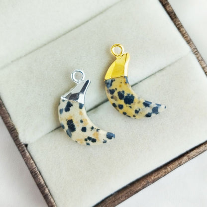 Dalmatian Jasper Half Moon Charm Gold/Silver Electroplated Gemstone Pendant for Handmade Jewelry