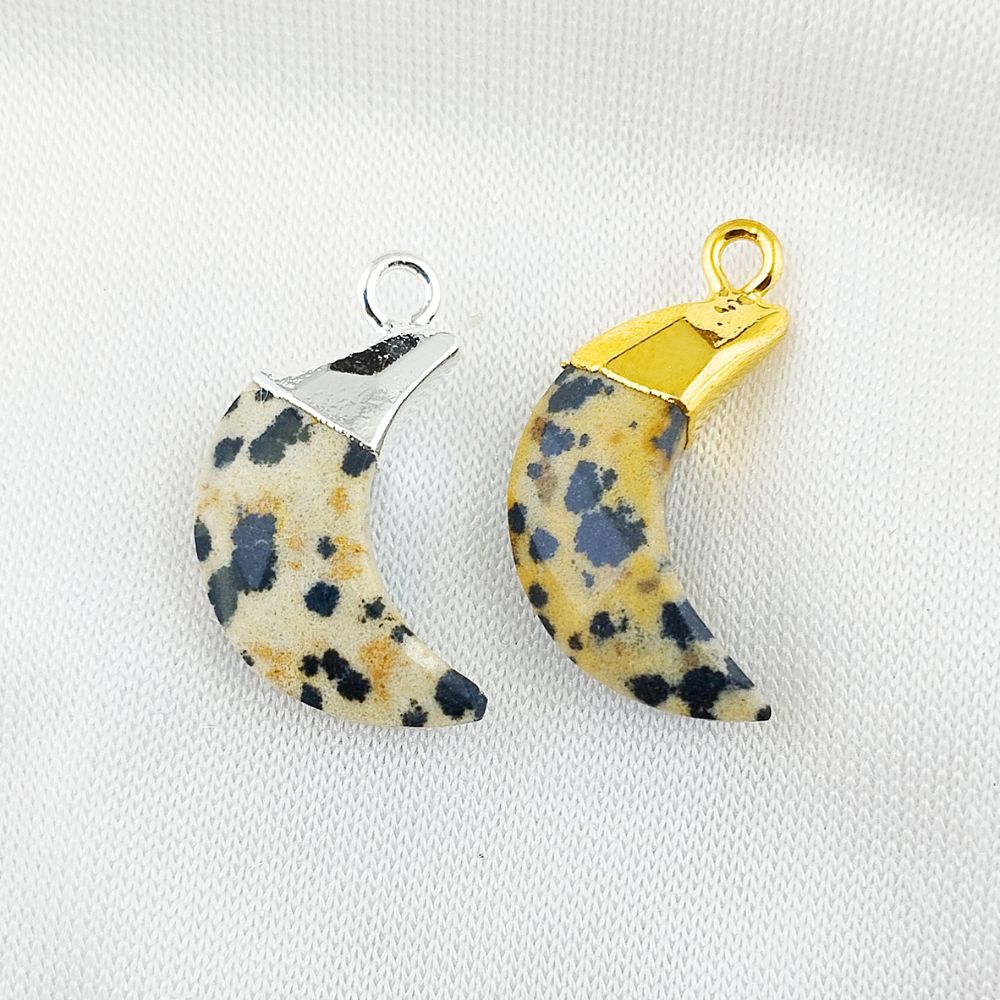 Dalmatian Jasper Half Moon Charm Gold/Silver Electroplated Gemstone Pendant for Handmade Jewelry
