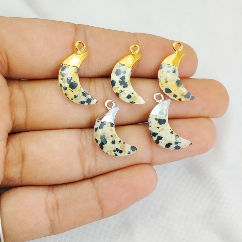 Dalmatian Jasper Half Moon Charm Gold/Silver Electroplated Gemstone Pendant for Handmade Jewelry